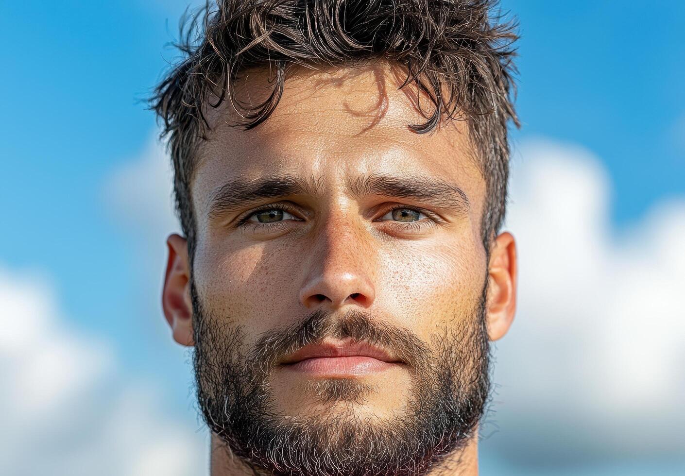 Close up portrait of a handsome man with a beard against a blue sky photo