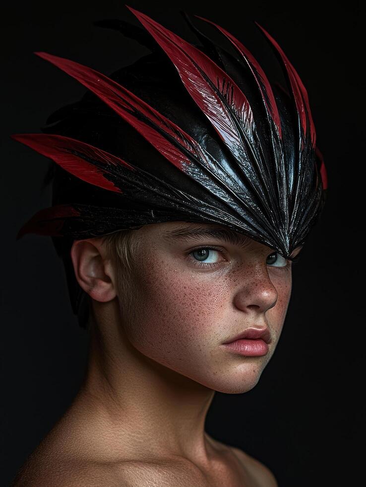 Portrait of a young person wearing a feathered helmet photo