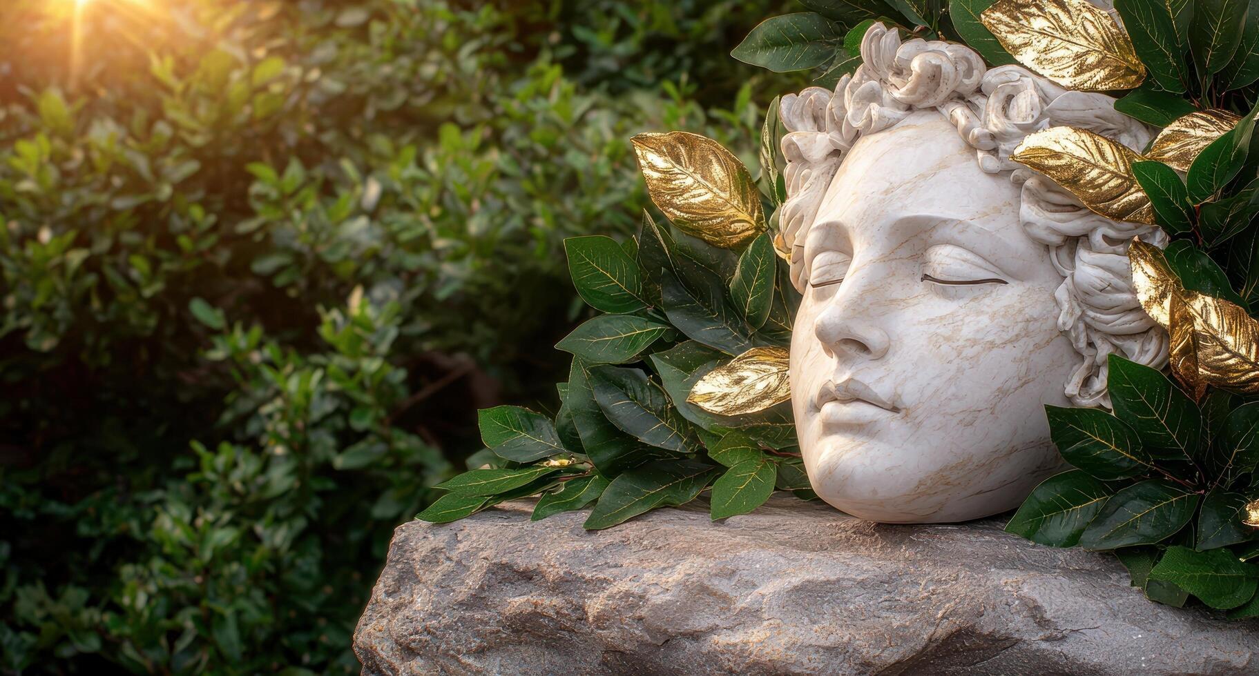Marble bust with golden leaves on a stone photo