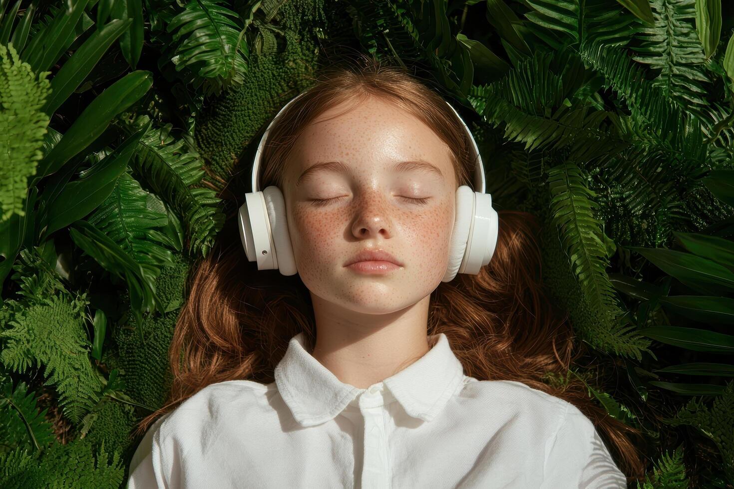 A girl with freckles wearing headphones lying in foliage photo