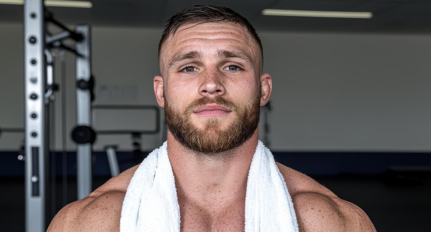 A muscular man with a towel around his neck photo