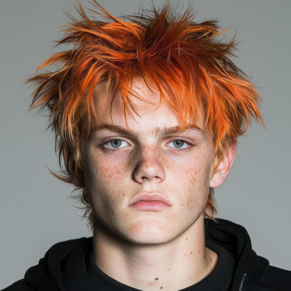 Portrait of a young man with orange hair and freckles photo
