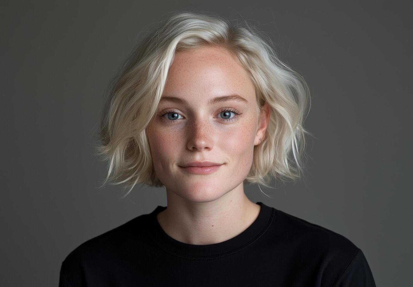 Portrait of a young woman with freckles and short blonde hair. photo