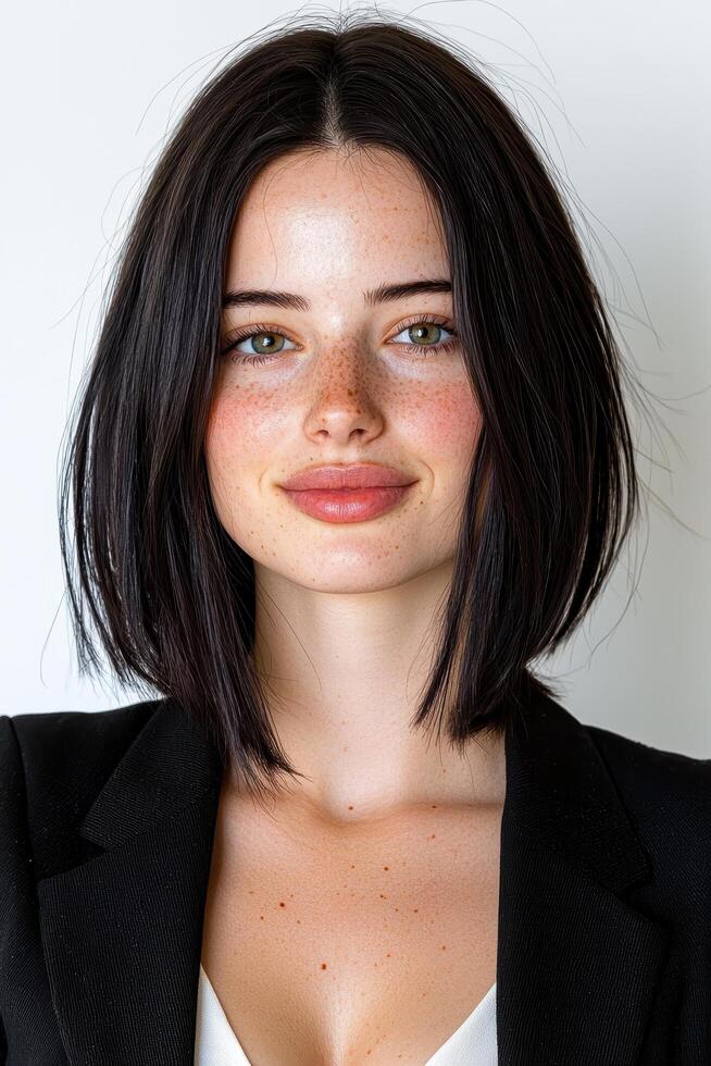 Portrait of a beautiful young woman with freckles wearing a black blazer photo