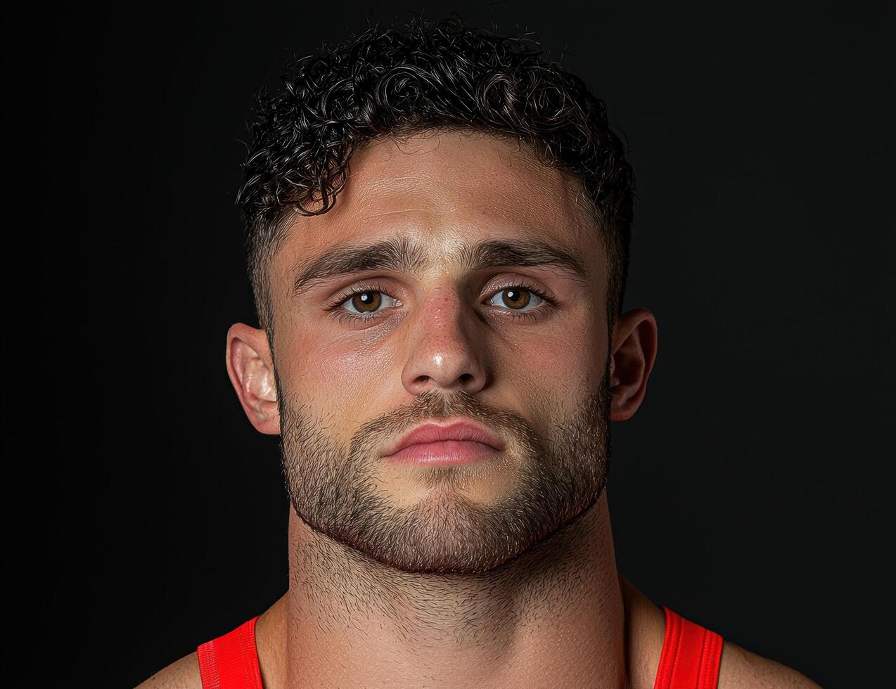 Close up portrait of a man with curly hair and a beard photo