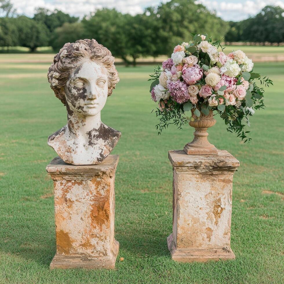 Elegant outdoor wedding decor with floral arrangement and bust statue photo