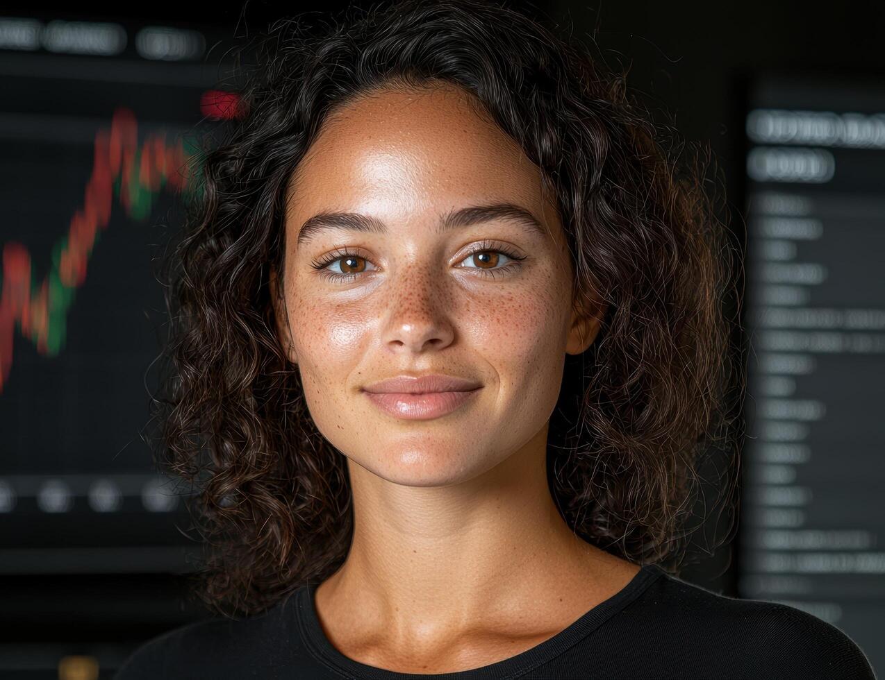 A woman with freckles smiles in front of stock market data photo