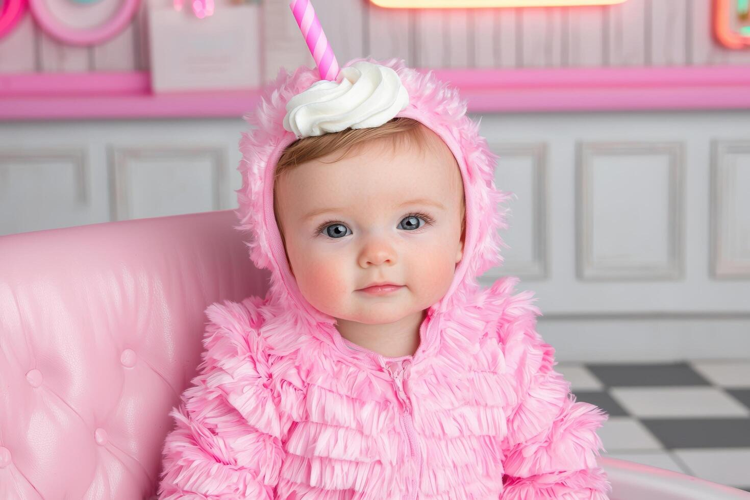 Adorable baby in a milkshake costume sitting in a pink chair photo