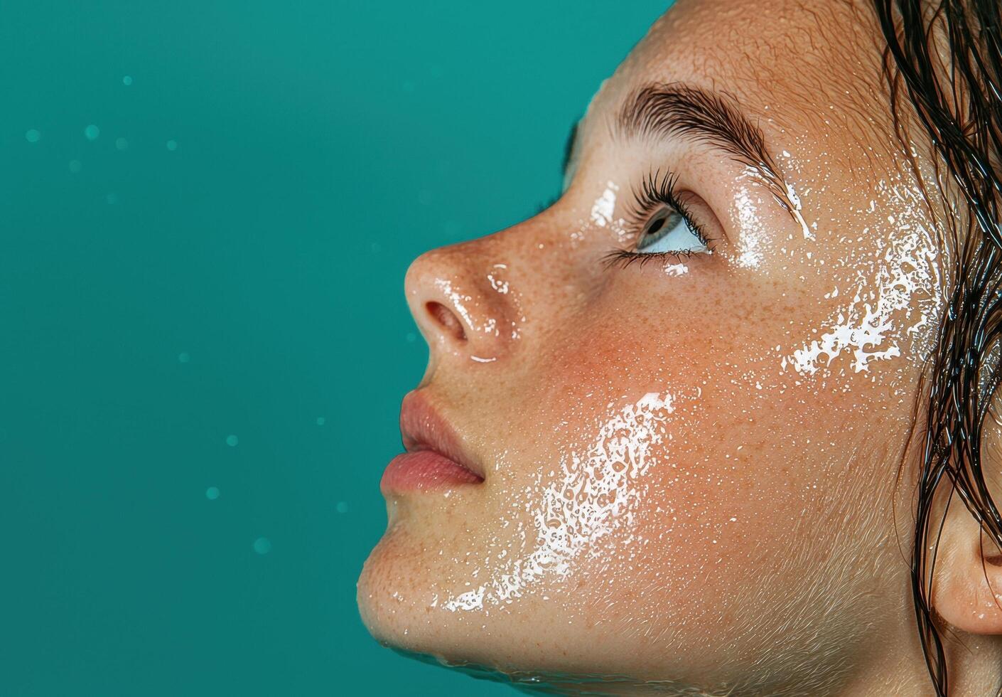 Close up of a womans face with water droplets on her skin photo