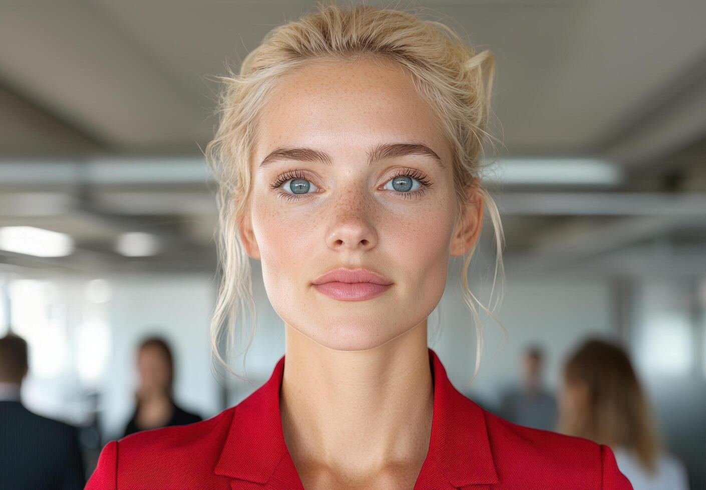 Portrait of a blonde woman in a red blazer in an office environment photo