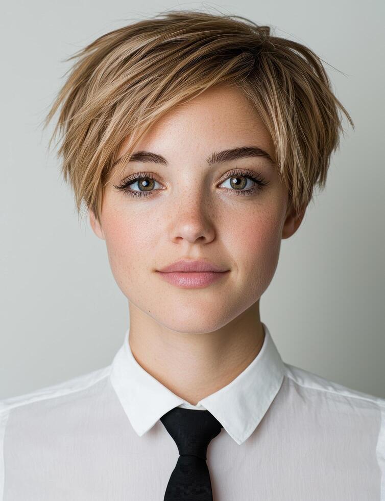 Portrait of a woman with short hair wearing a tie photo