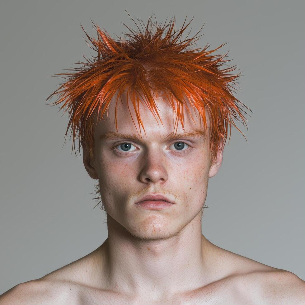 A young man with bright orange hair stares intensely at the camera photo