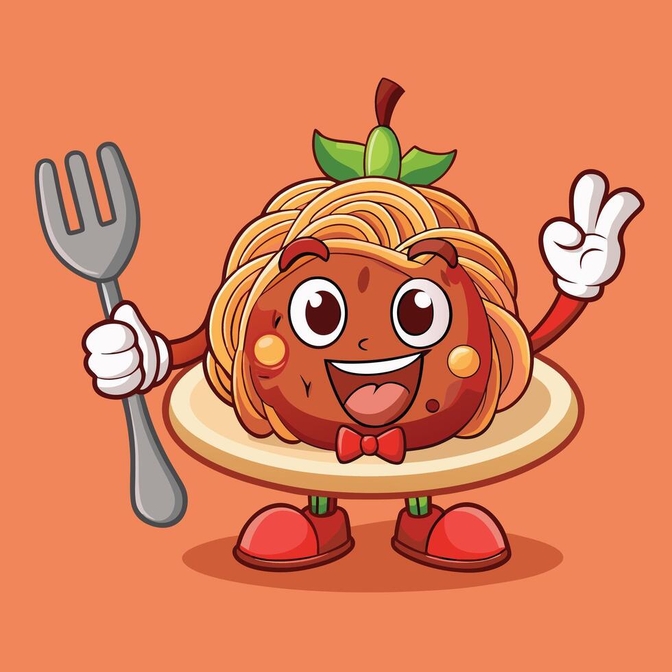 Funny Spaghetti Cartoon Character With Fork vector