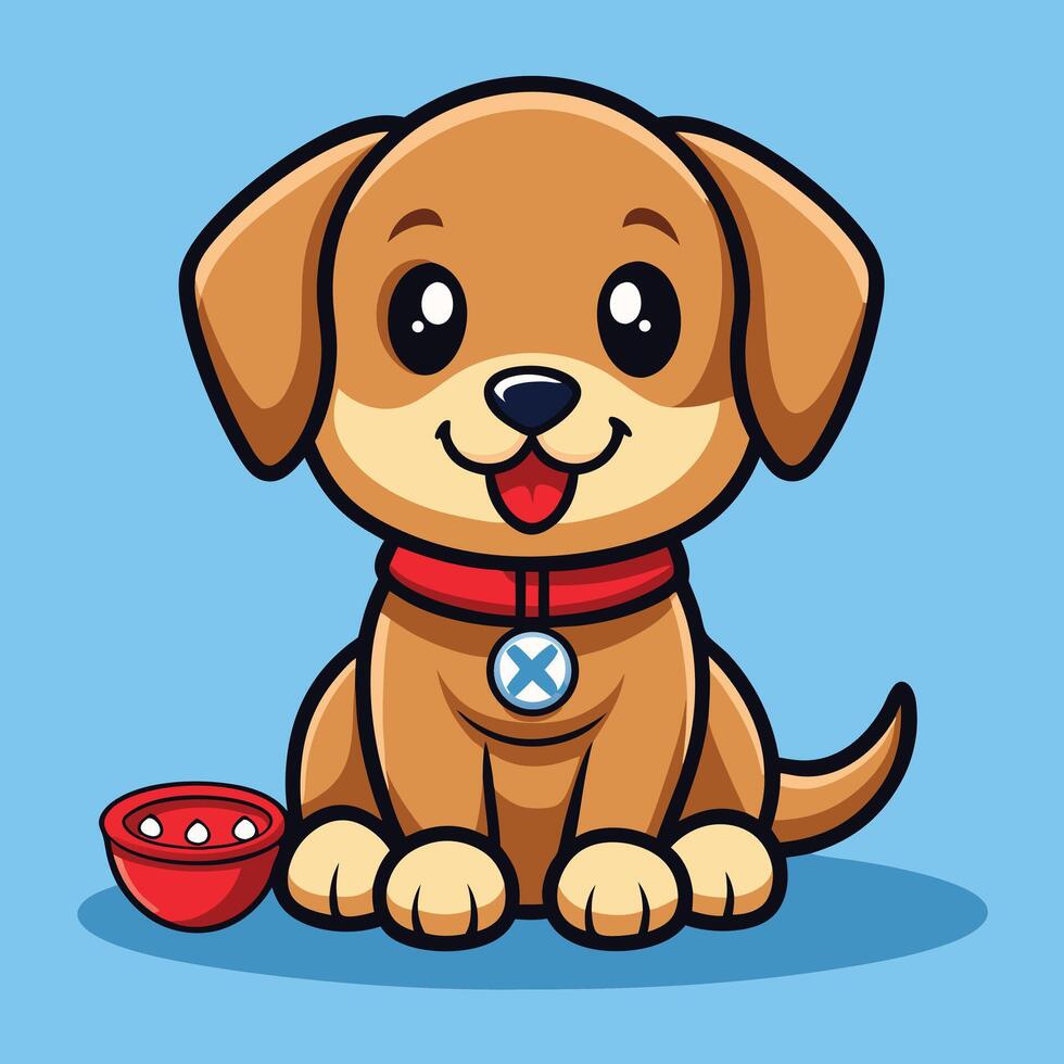 Cute Cartoon Dog With Bowl Illustration vector