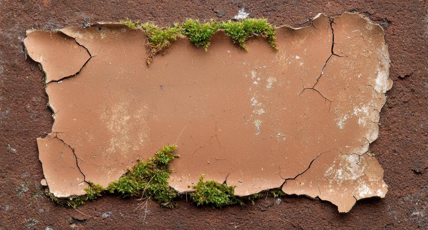 Close up of a cracked clay tile with moss growing on it photo