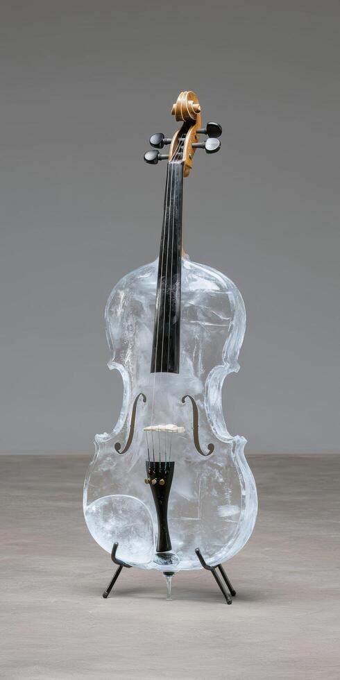 A clear glass violin stands on display photo