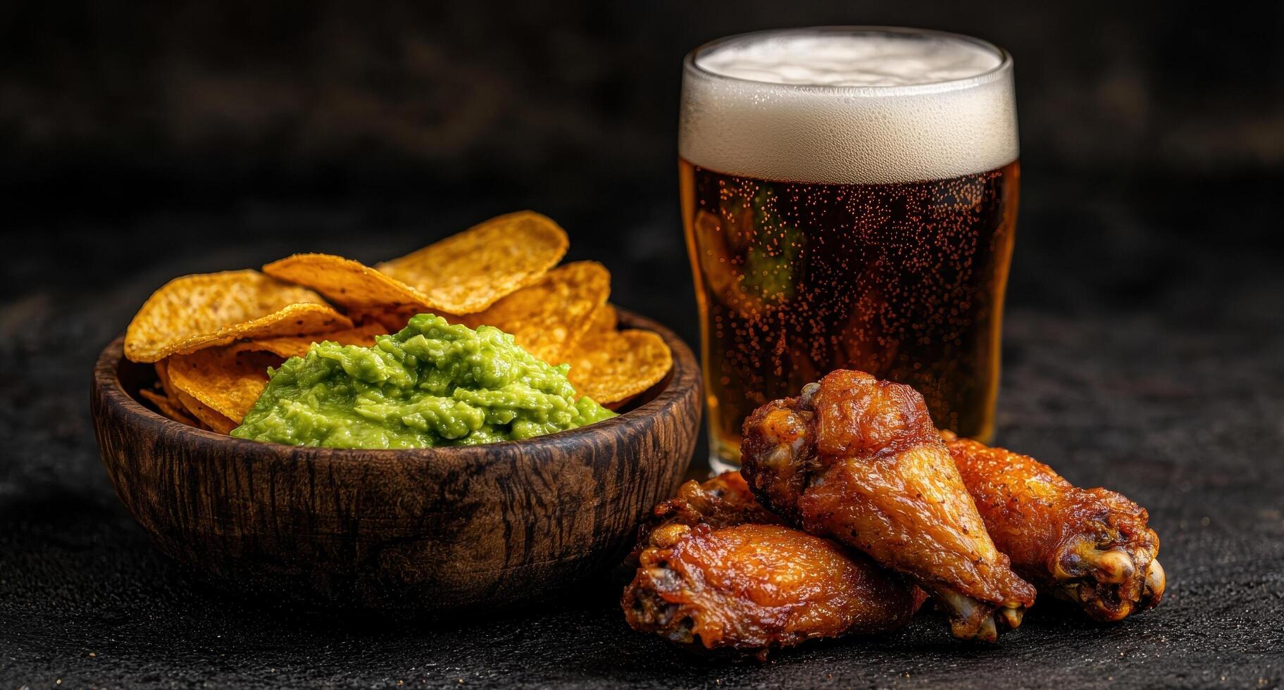 Appetizers with beer, chicken wings, chips and guacamole photo