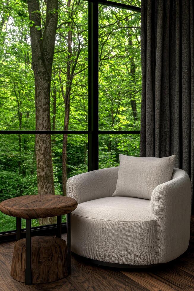 Cozy armchair and side table with a view of a lush green forest photo