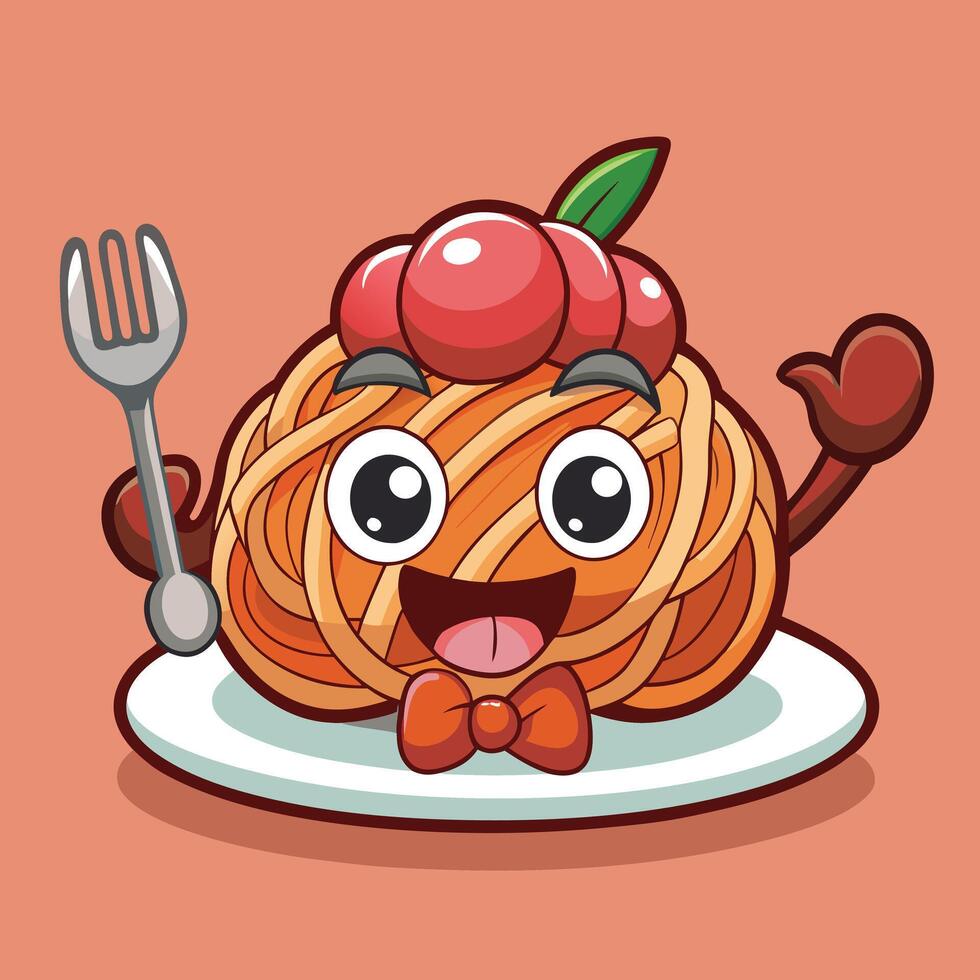 Cute Spaghetti Cartoon Character On Plate vector