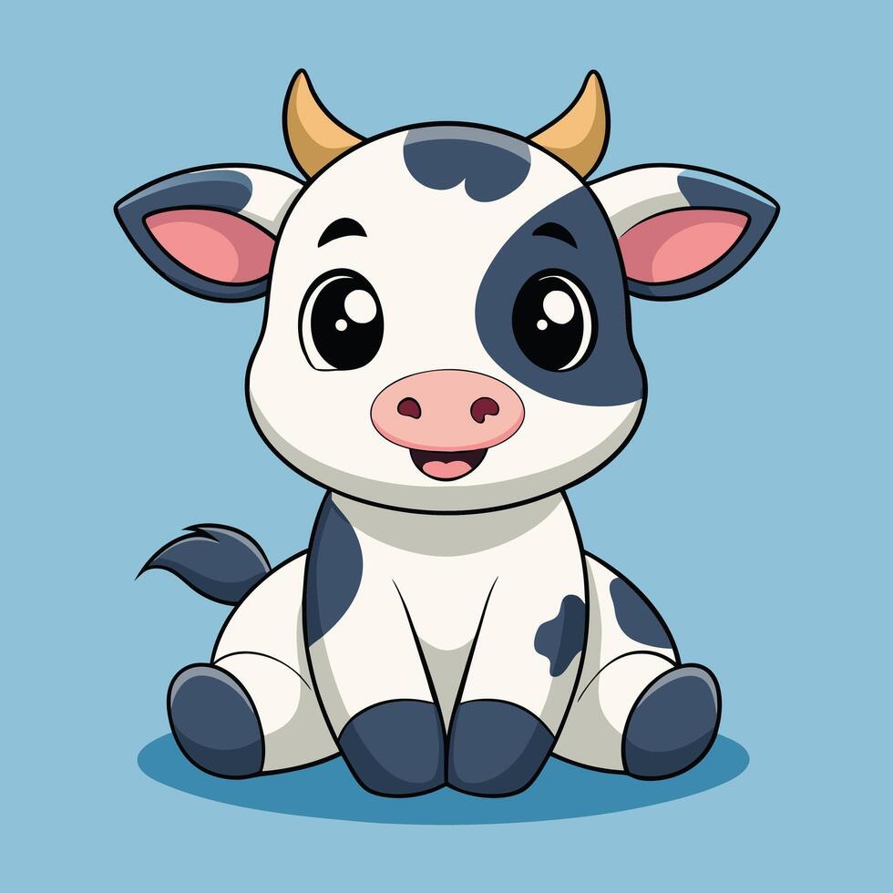 Cute Cartoon Cow Sitting On Blue vector