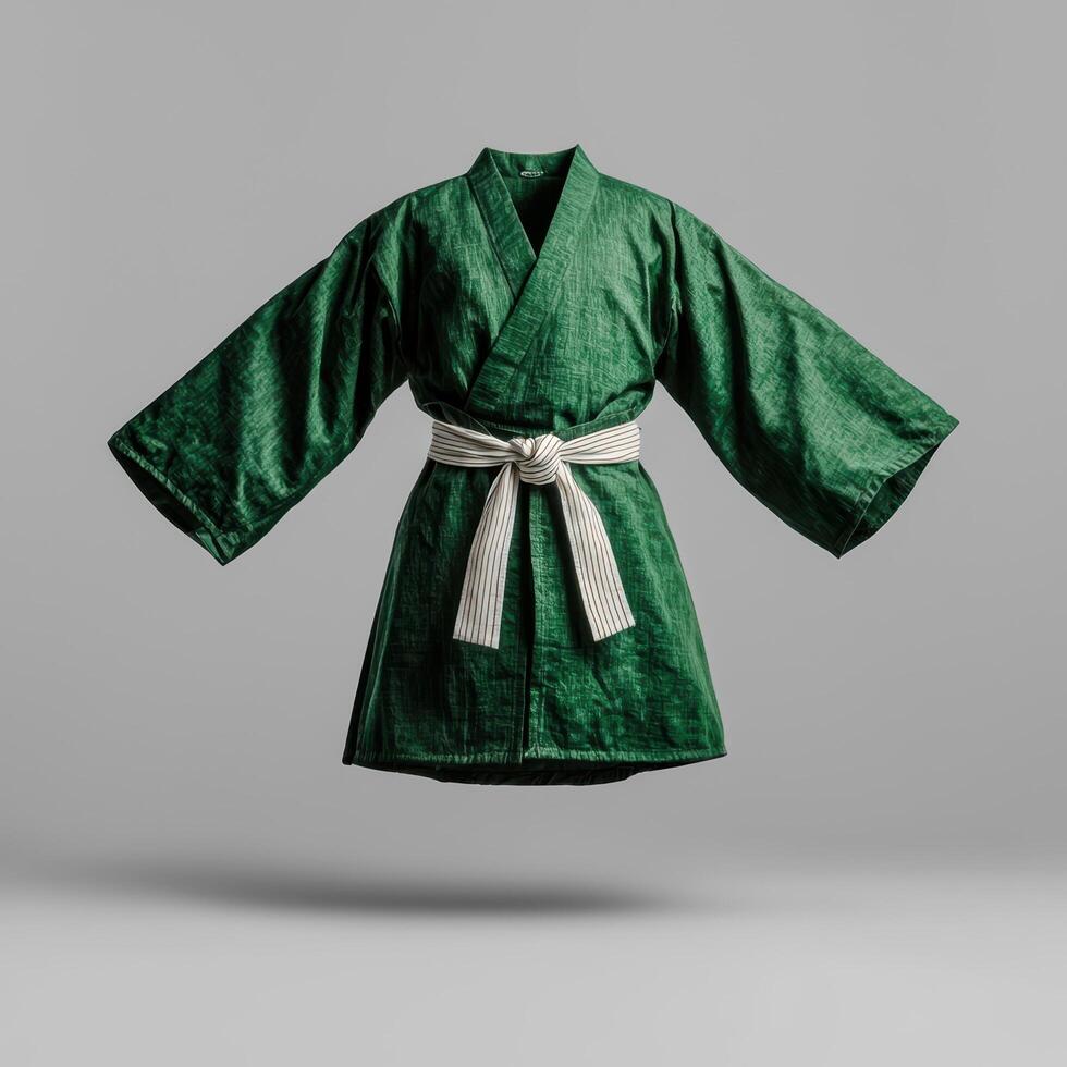 A vibrant green kimono with a striped belt floats in mid air photo
