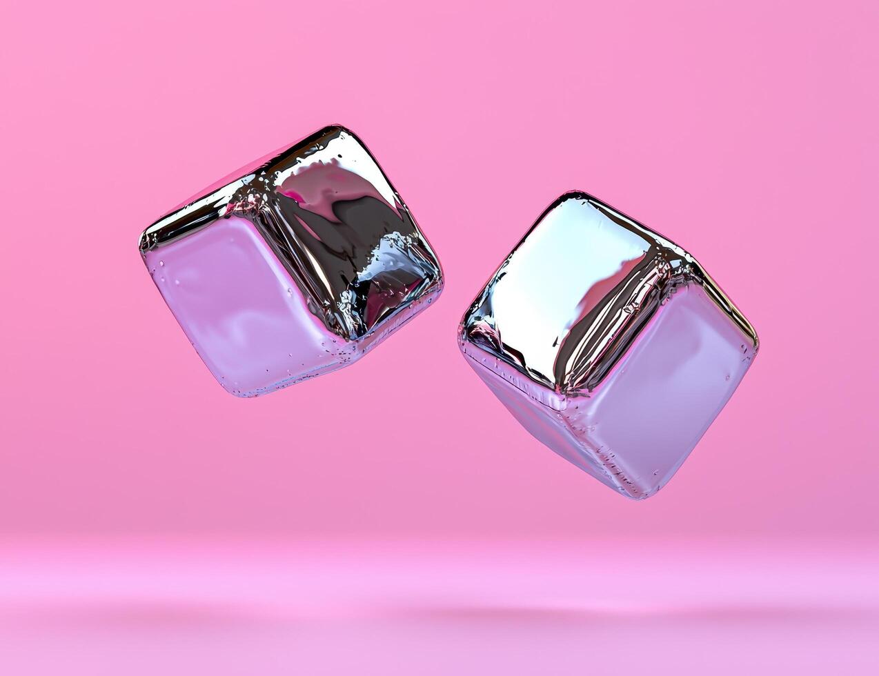 Two shiny ice cubes floating in the air against a pink background photo