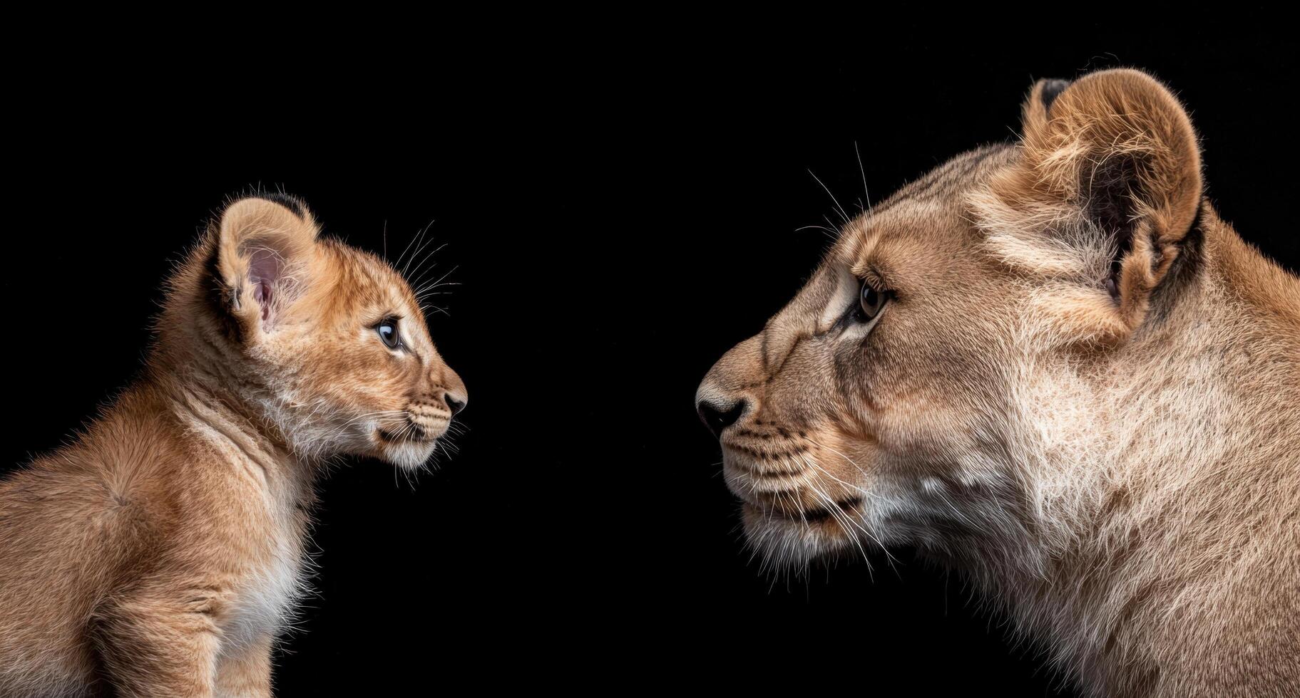 Lion cub and lioness face each other on a black background photo