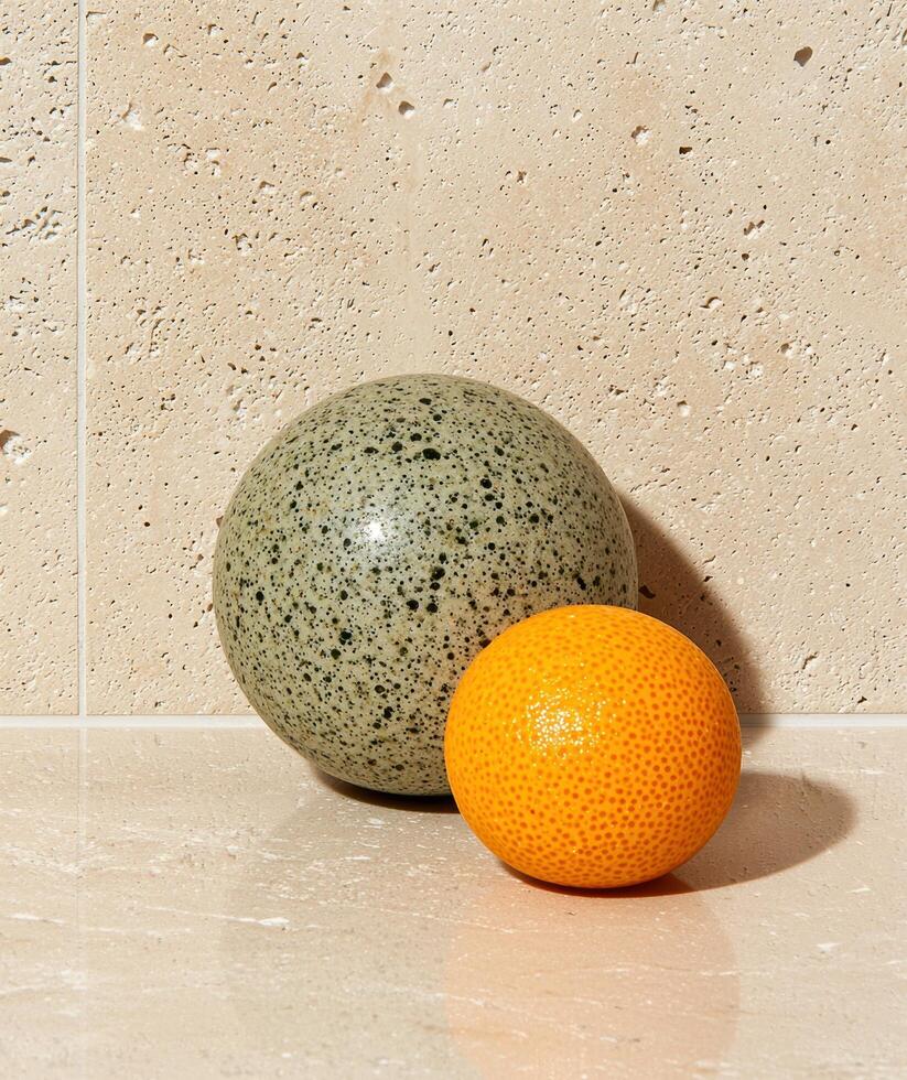A speckled sphere and an orange sit on a textured surface photo