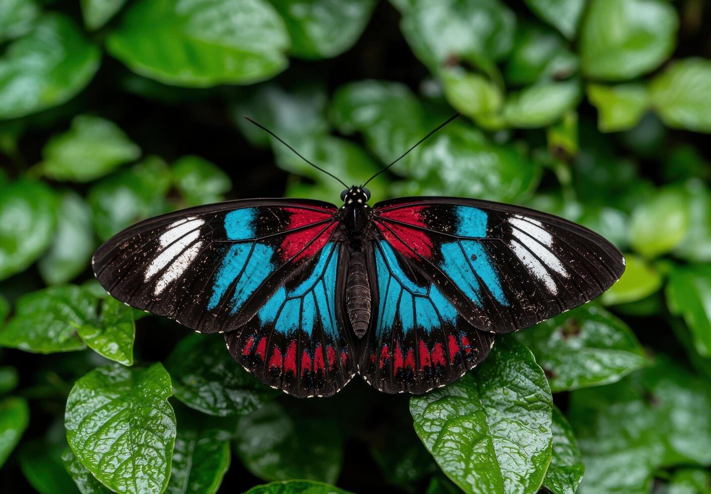 Close up of a colorful butterfly on green leaves photo