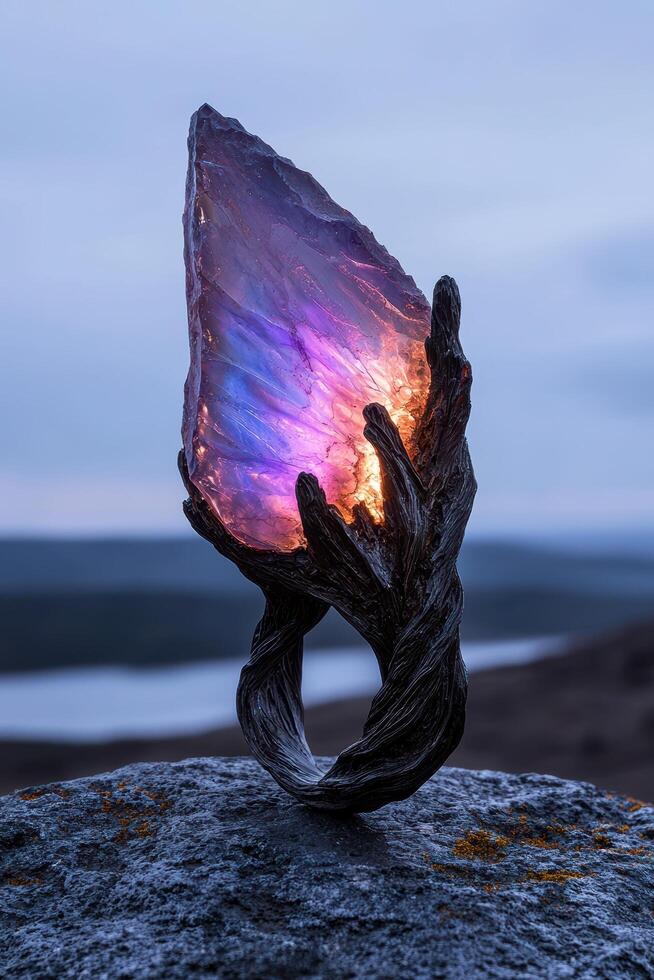 Mystical crystal formation on a rock with a blurred background photo