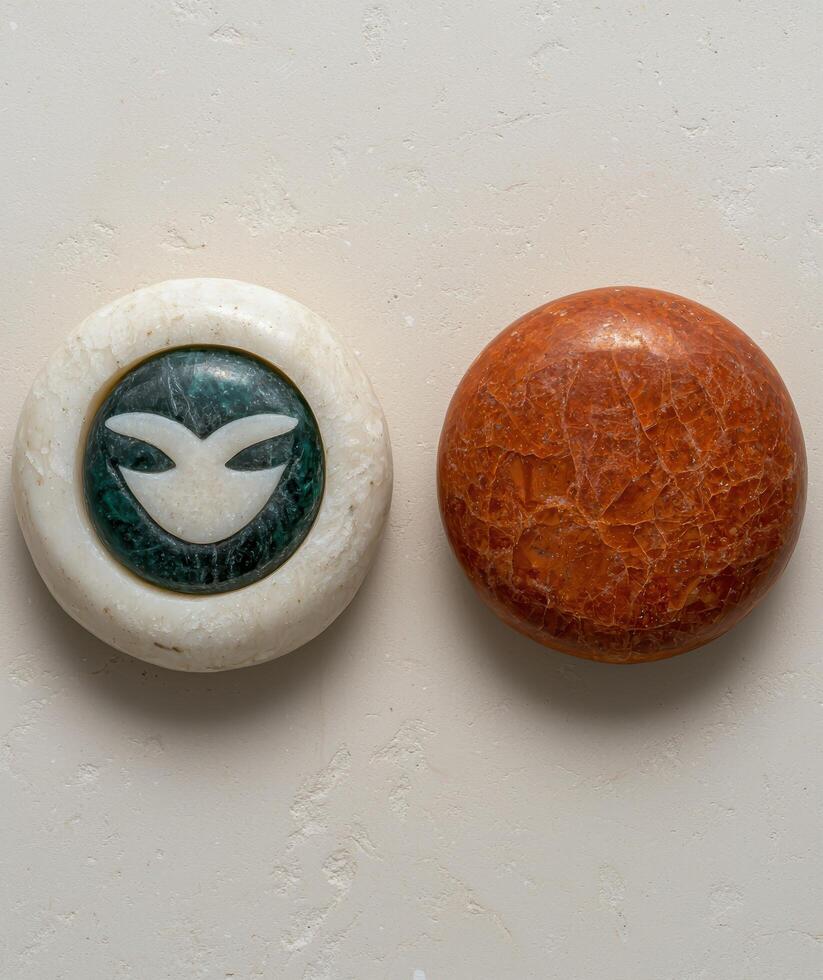Two round stones, one with a carved design, sit side by side photo