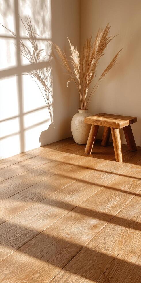 Sunlight streaming into a minimalist room with wooden stool and vase photo
