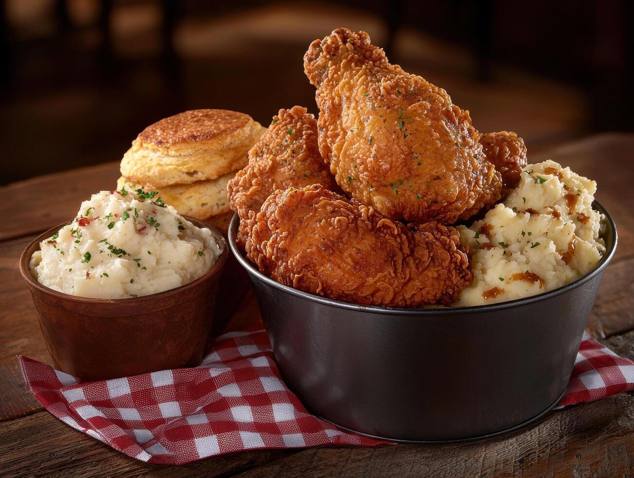 Fried chicken with mashed potatoes and biscuits on a wooden table photo