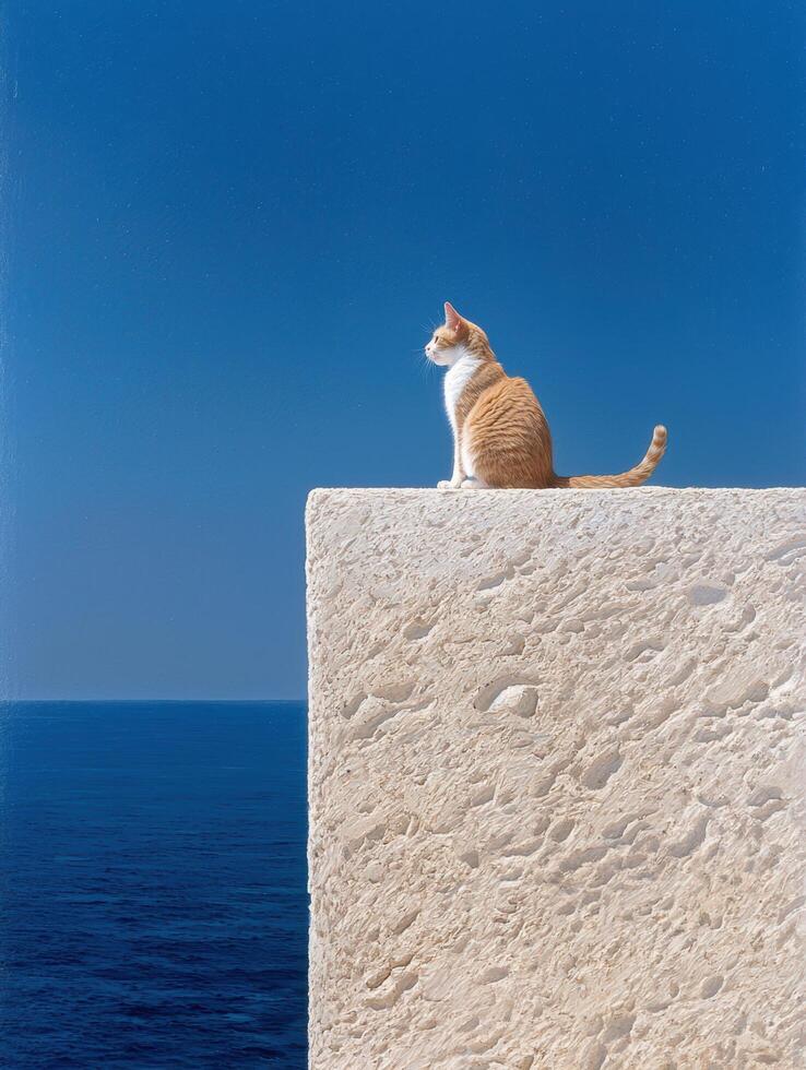 A ginger cat sits on a stone wall overlooking the ocean photo