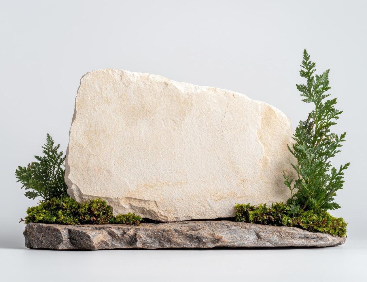 Stone podium with plants for product display photo