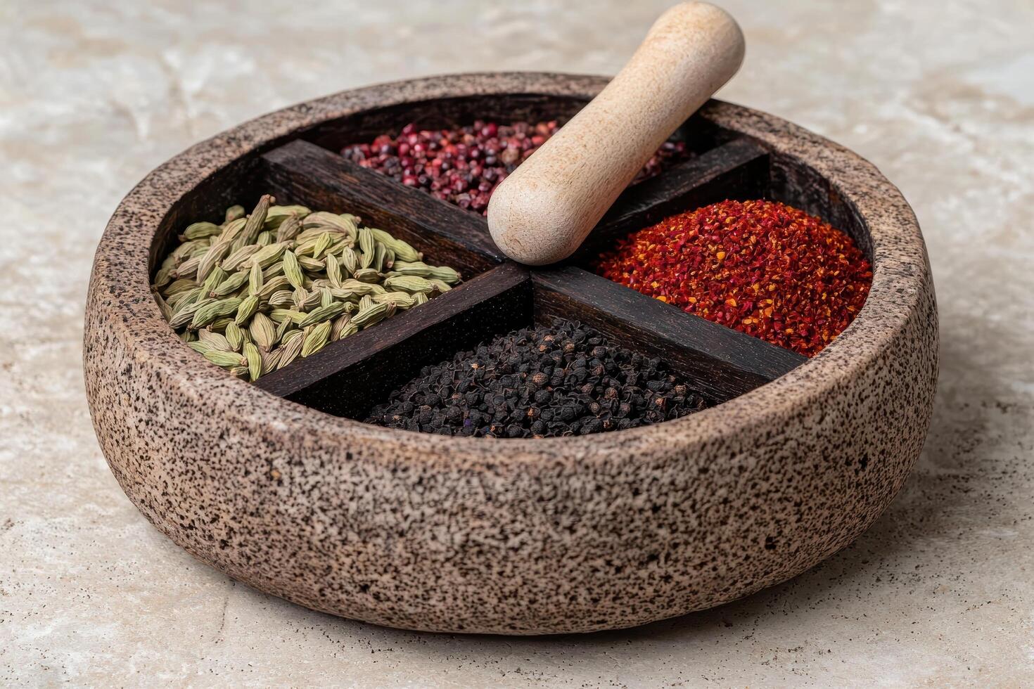 Aromatic spices in a wooden bowl with a pestle photo