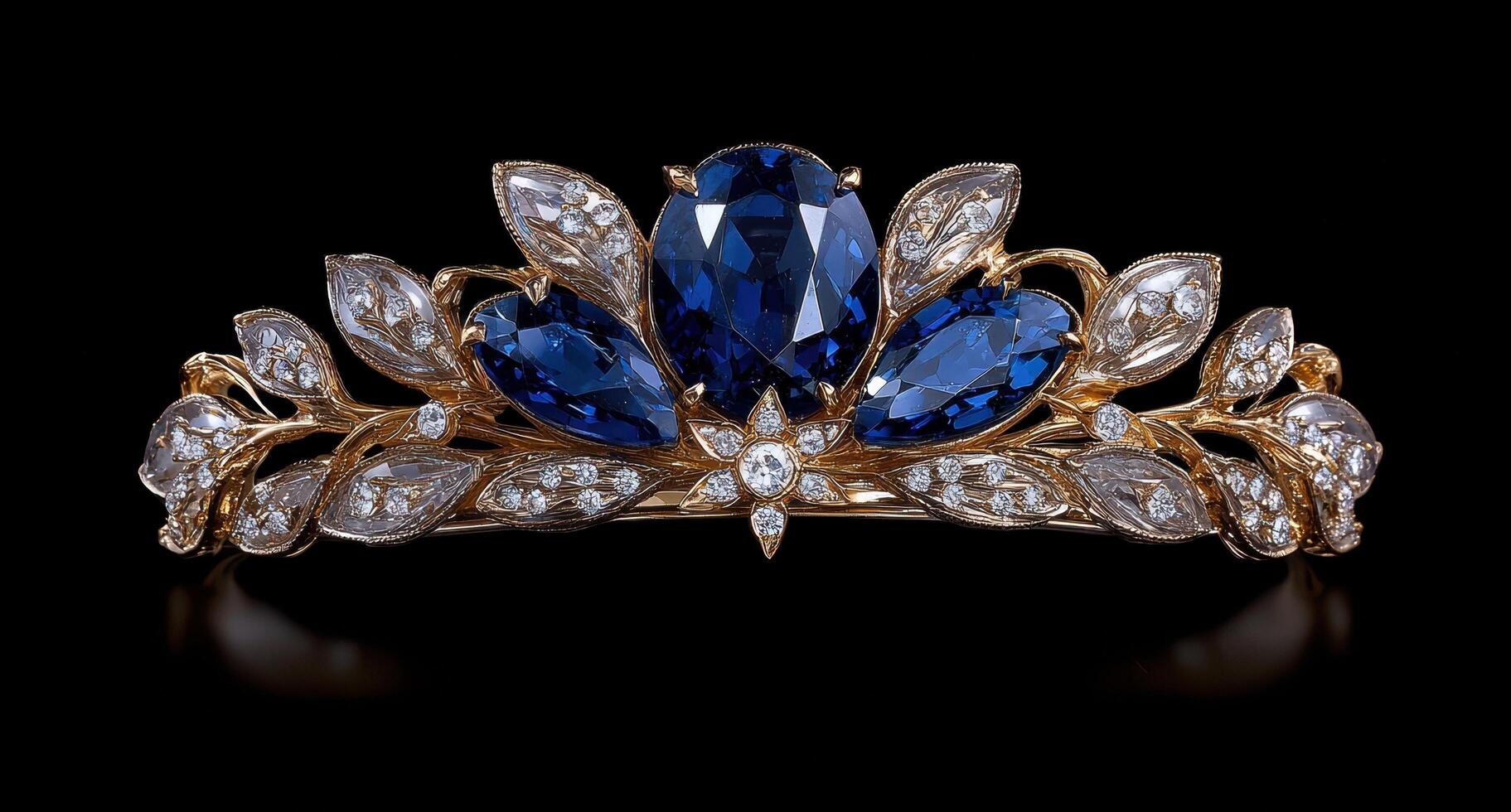 Elegant tiara with blue gemstones and diamonds on a black background photo