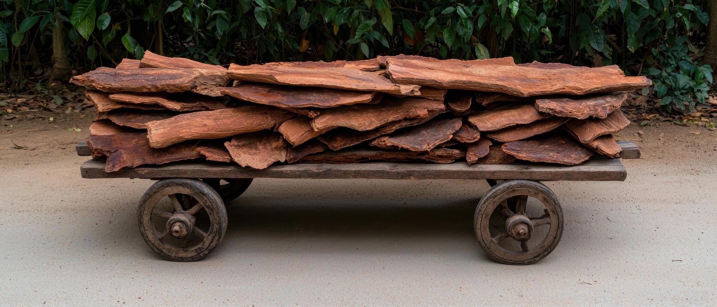 A rustic wooden cart piled high with tree bark photo