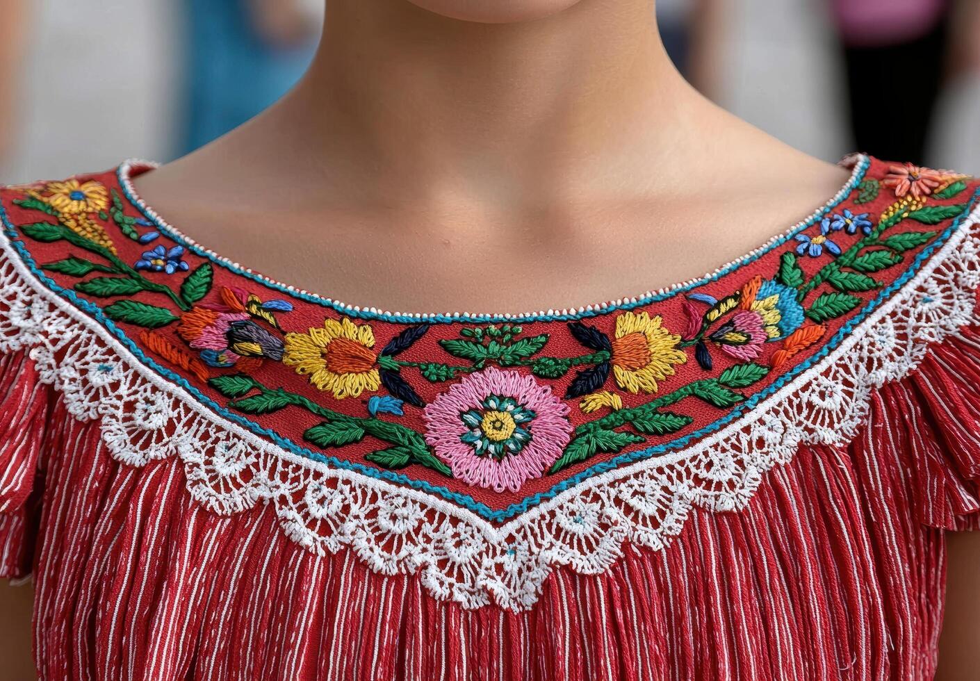 Close up of a red dress with colorful floral embroidery and white lace photo