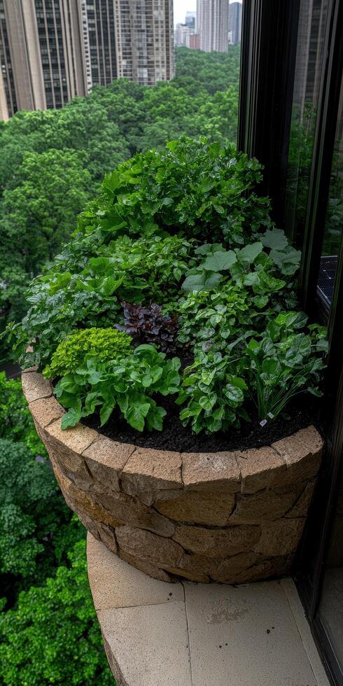 Lush greenery spills from a stone planter on a high rise balcony photo