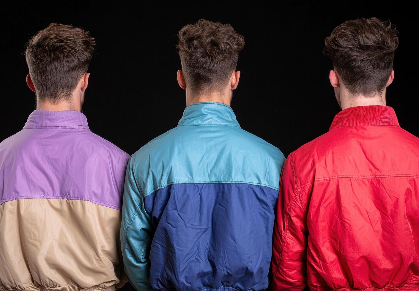 Three men wearing colorful retro jackets stand against a black background photo