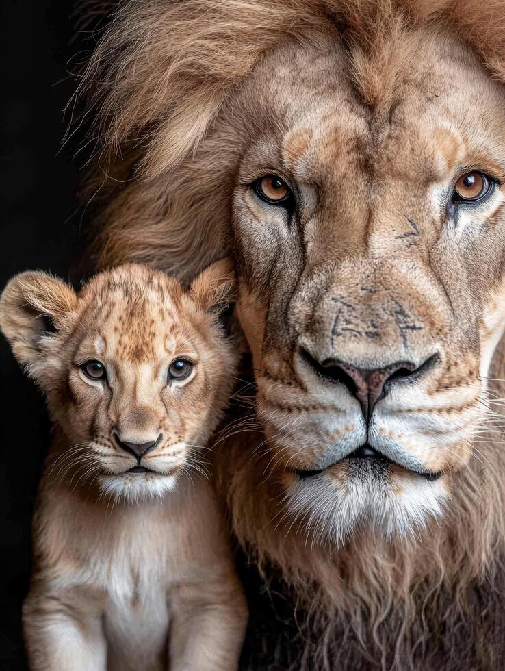 A majestic lion and its cub pose for a portrait photo