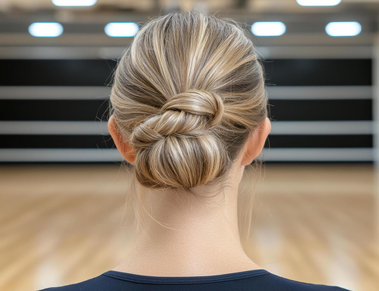 Blonde woman with a stylish bun hairstyle in a bright, modern setting photo