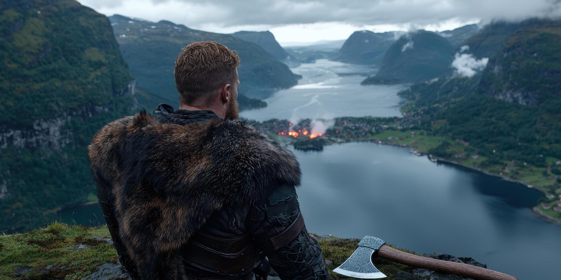A warrior stands on a cliff overlooking a burning village photo