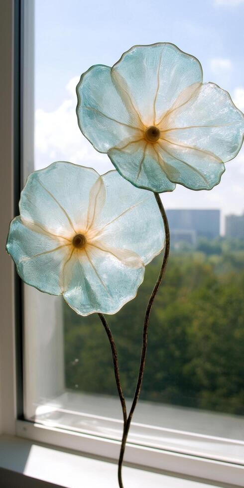 Two translucent blue flowers in a window photo