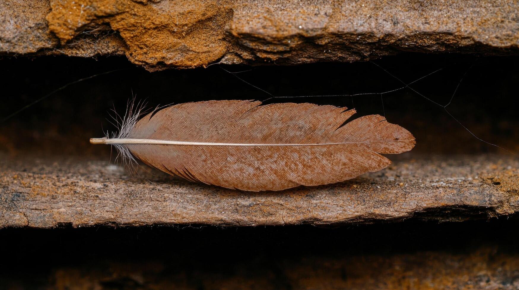 Brown feather resting between two stone ledges photo