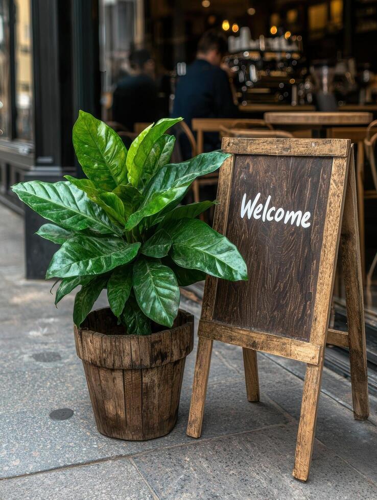 A potted plant and a welcome sign outside a cafe photo