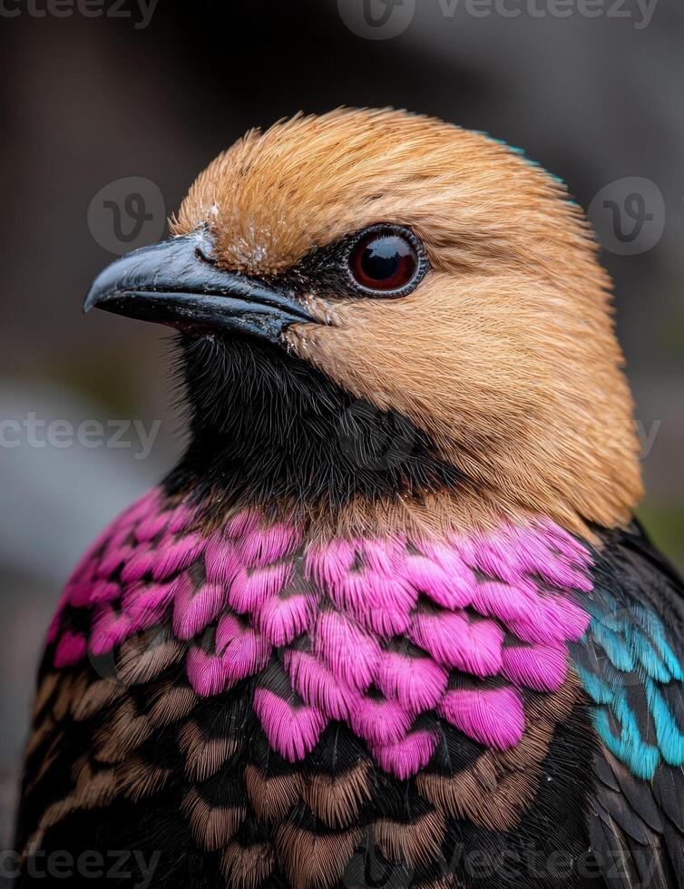 A close up of a colorful bird with pink and blue feathers. photo
