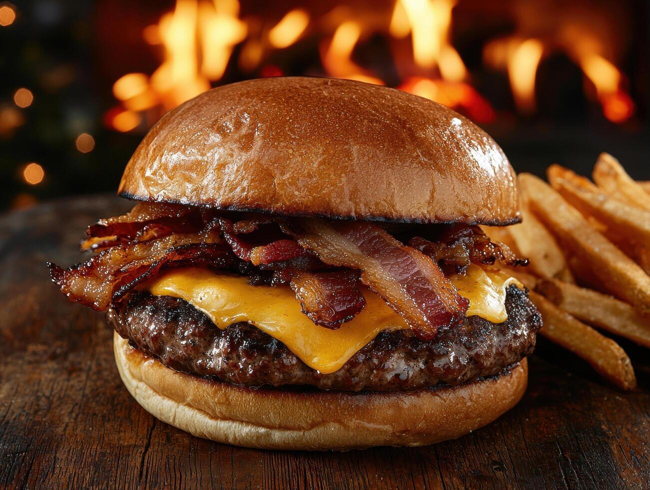 A delicious bacon cheeseburger with fries in front of a warm fire photo