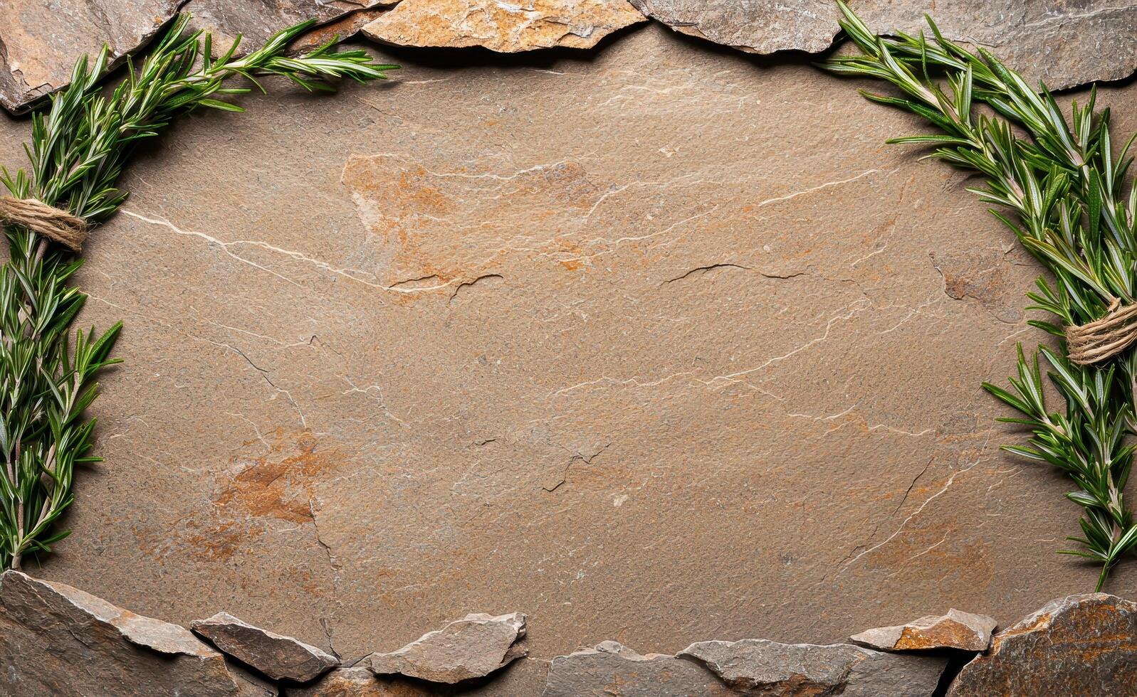 Stone background with rosemary sprigs, perfect for food presentation or product mockups photo